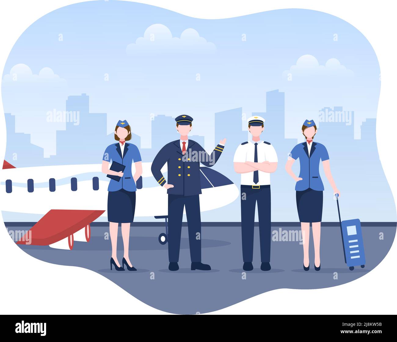 Illustration du vecteur de dessin animé avec avion, hôtesse de l'air, ville ou aéroport conception d'arrière-plan Illustration de Vecteur