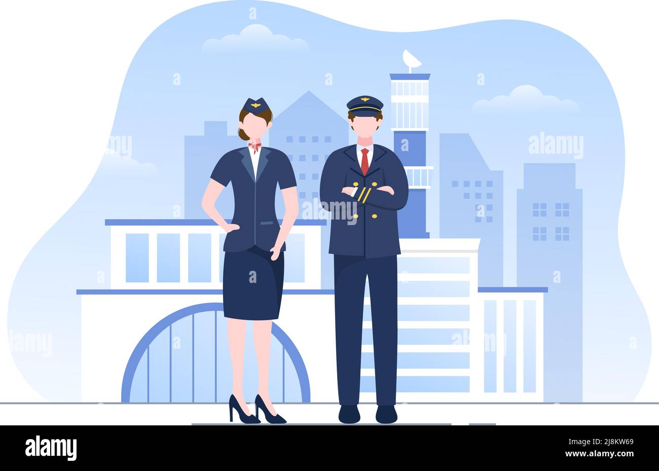 Illustration du vecteur de dessin animé avec avion, hôtesse de l'air, ville ou aéroport conception d'arrière-plan Illustration de Vecteur