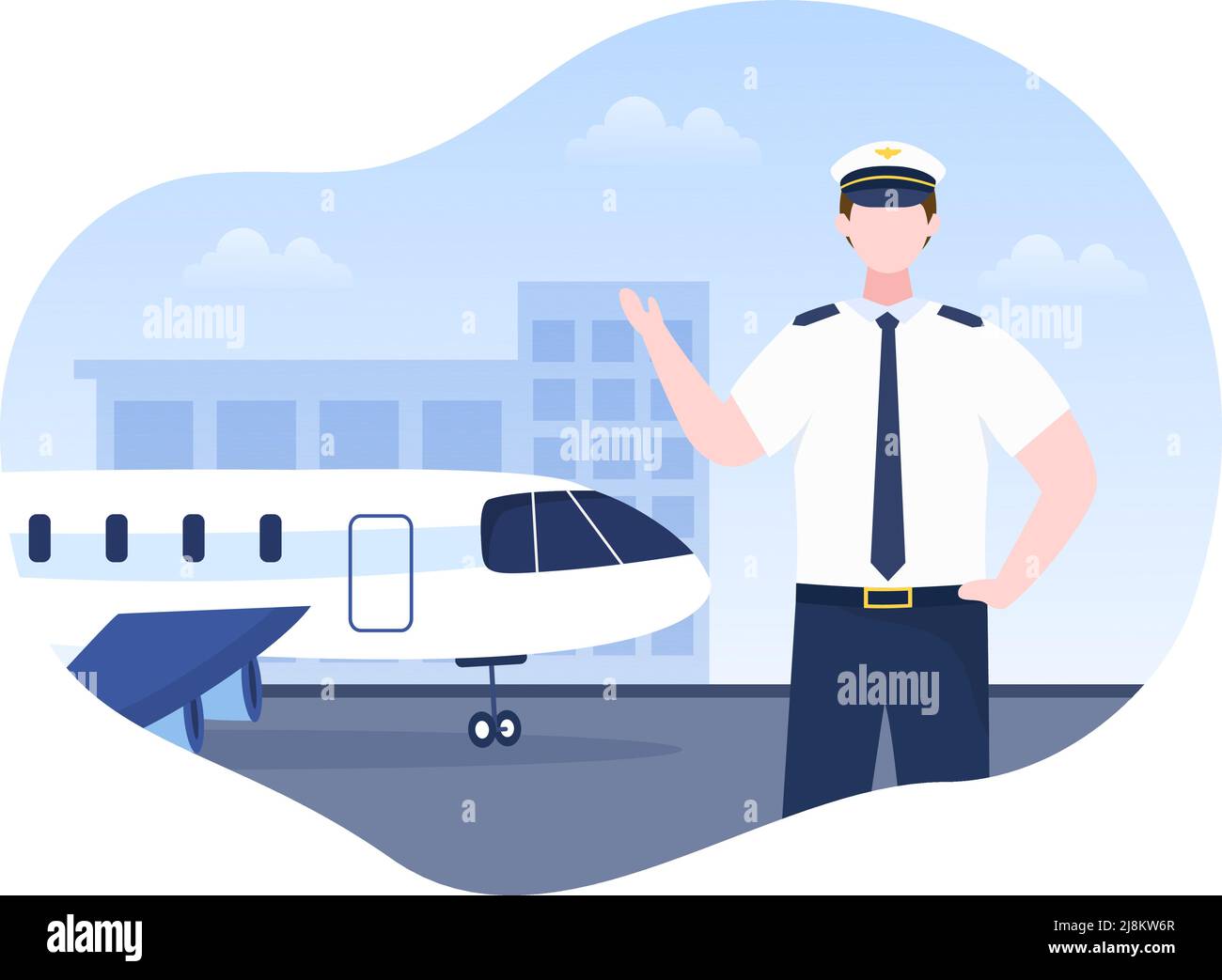 Illustration du vecteur de dessin animé avec avion, hôtesse de l'air, ville ou aéroport conception d'arrière-plan Illustration de Vecteur