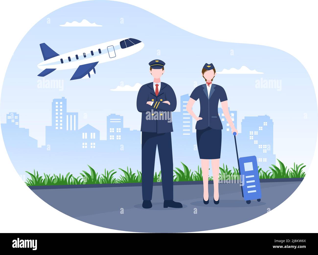 Illustration du vecteur de dessin animé avec avion, hôtesse de l'air, ville ou aéroport conception d'arrière-plan Illustration de Vecteur