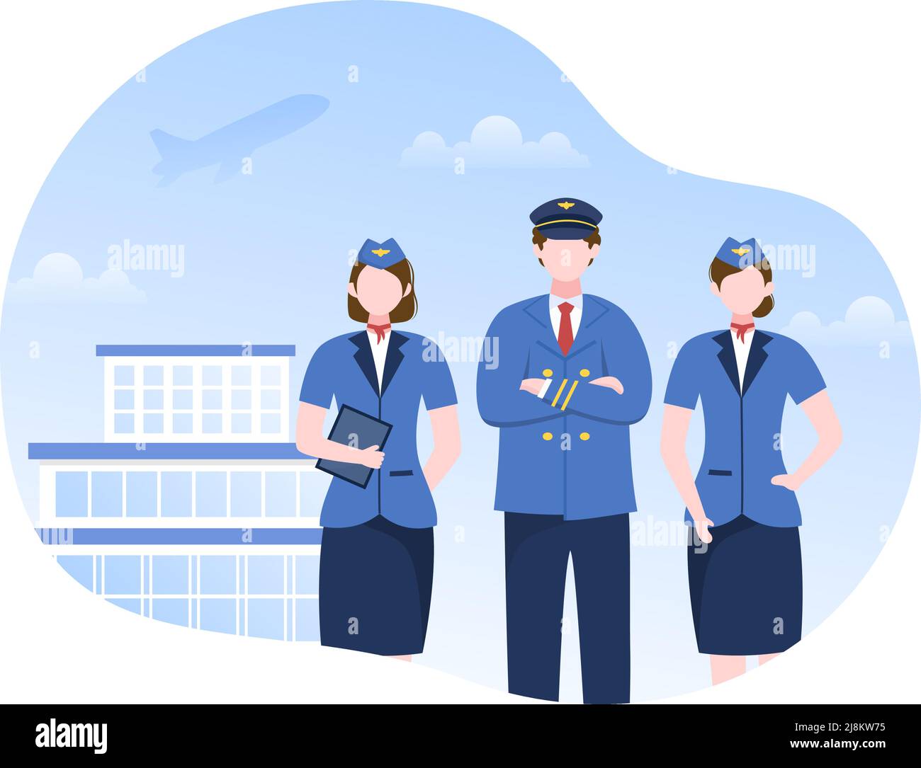 Illustration du vecteur de dessin animé avec avion, hôtesse de l'air, ville ou aéroport conception d'arrière-plan Illustration de Vecteur