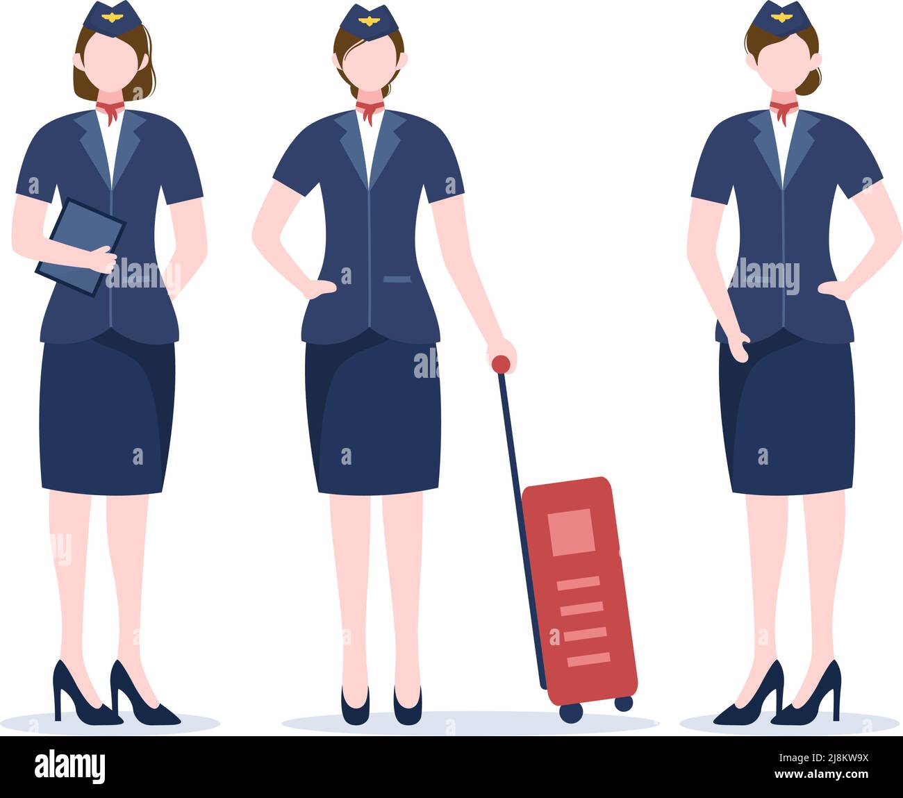 Hôtesse ou hôtesse de l'air avec uniforme bleu et porter un Suitcase à l'aéroport dans Cartoon Vector Illustration Illustration de Vecteur