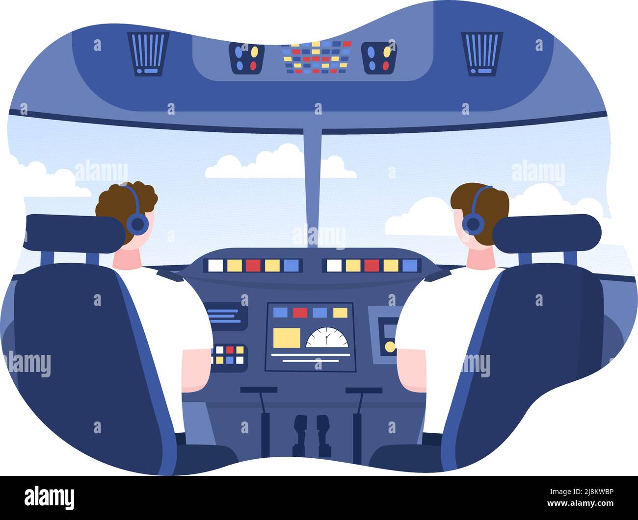 Cockpit d'avion avec pilote assis devant le tableau de bord pour conduire le plan à l'intérieur dans l'illustration du vecteur de dessin animé Illustration de Vecteur
