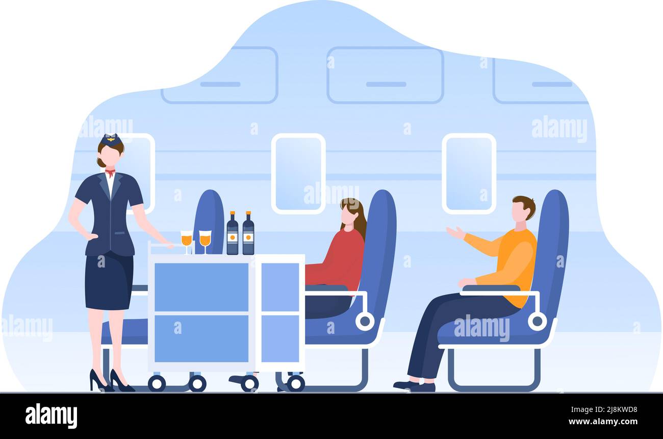 Les préposés aux vols servent les passagers en offrant des boissons à bord dans l'illustration du dessin animé de Cartoon Illustration de Vecteur