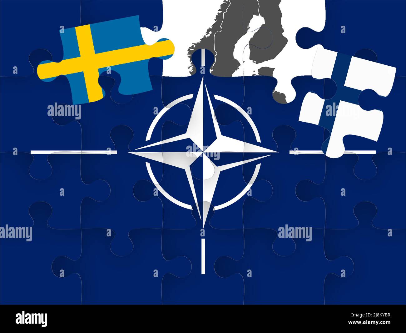 Image symbole : un puzzle avec le logo de l'OTAN. Les deux pièces manquantes sont les drapeaux de la Finlande et de la Suède Banque D'Images
