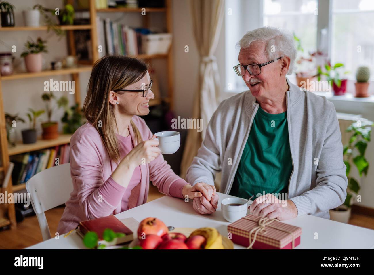 Fille adulte rendant visite à son père senior à la maison et prenant un café ensemble, en touchant la main. Banque D'Images