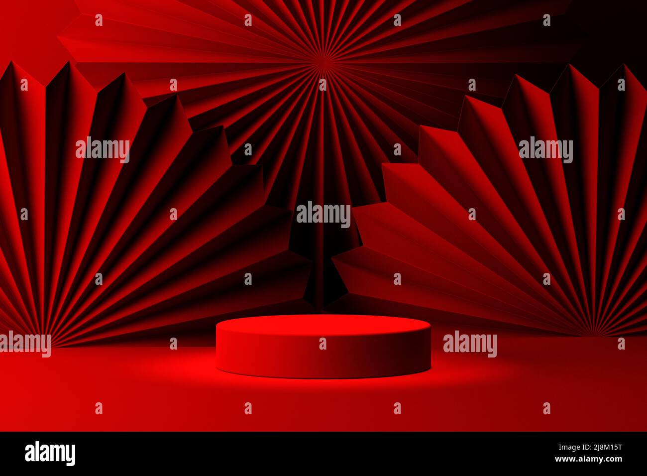 Plate-forme Red Product Stage avec composition de ventilateur de papier rouge asiatique. Maquette de luxe pour la nouvelle année lunaire. 3d pied de podium de rendu pour chine Banque D'Images