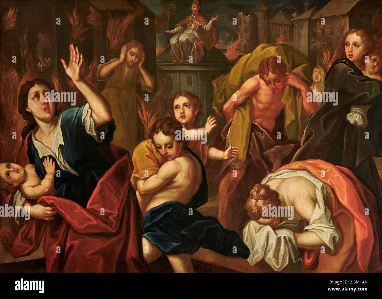 San Bassiano protegge i lodigiani durante l’incendidio di Laus Pompeia - olio su tela - pittore lombardo della seconda metà del XVII secolo - Lodi VEC Banque D'Images