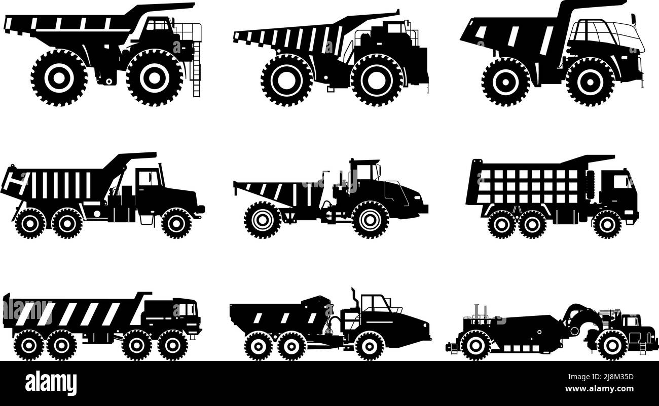 Tombereaux de chantier. Illustration différente des tombereaux d'exploitation minière et de construction. Ensemble de différentes silhouettes équipement lourd et machines. Vecteur illus Illustration de Vecteur