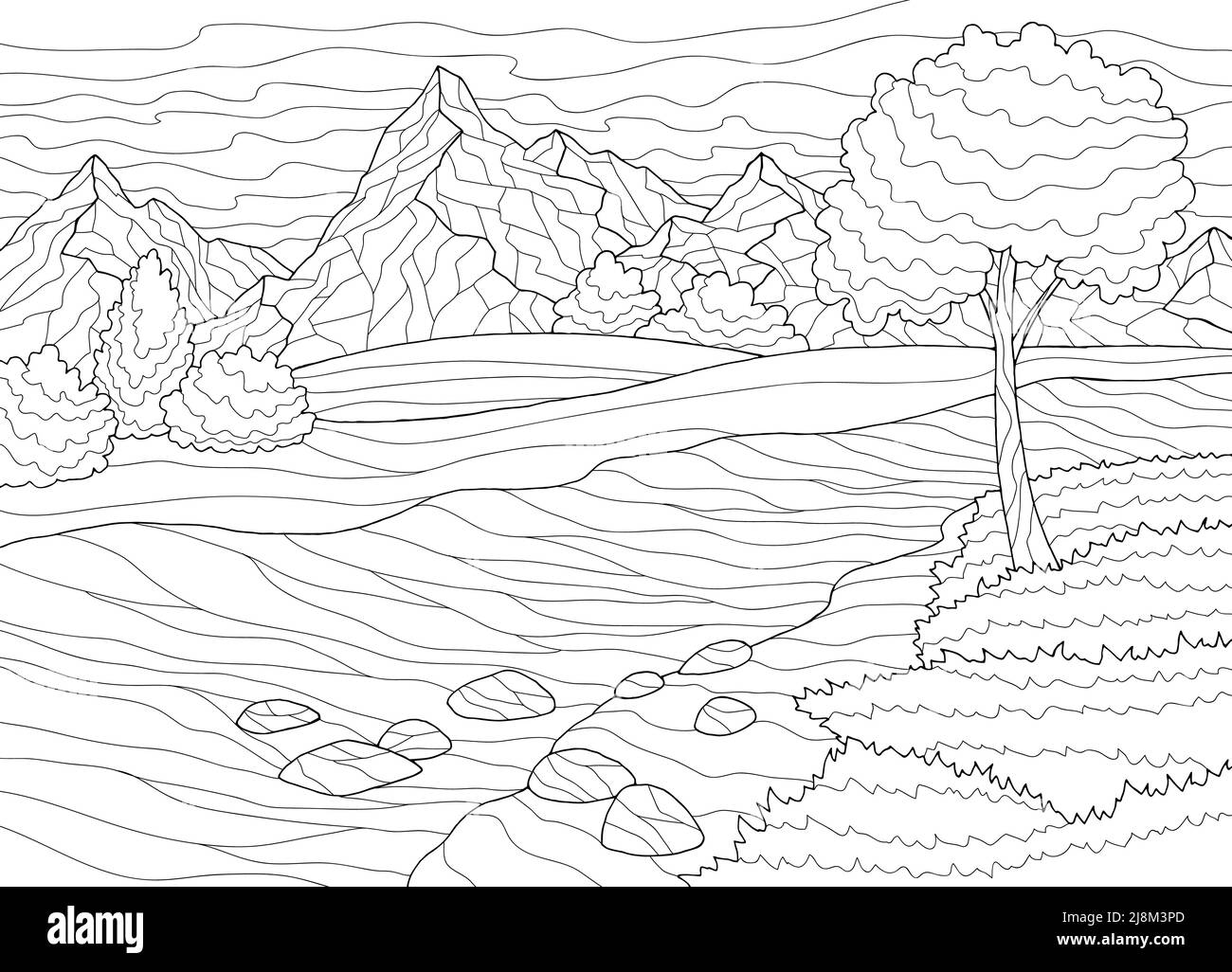 Mountain River graphique noir blanc couleur paysage dessin illustration vecteur Illustration de Vecteur