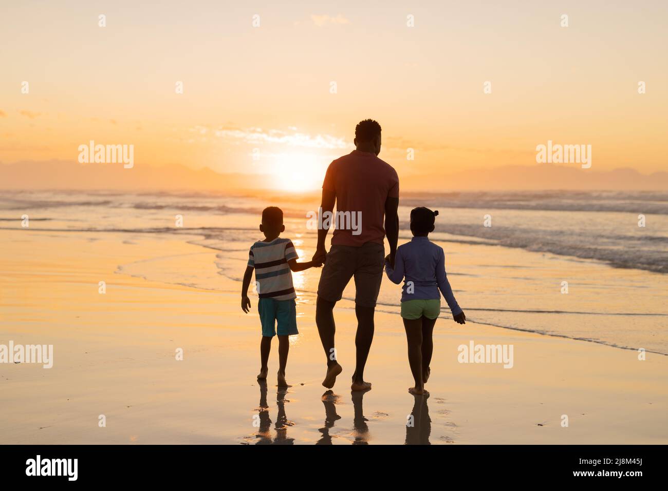 Vue arrière du jeune père afro-américain tenant les mains de son fils et de sa fille tout en marchant sur la plage Banque D'Images