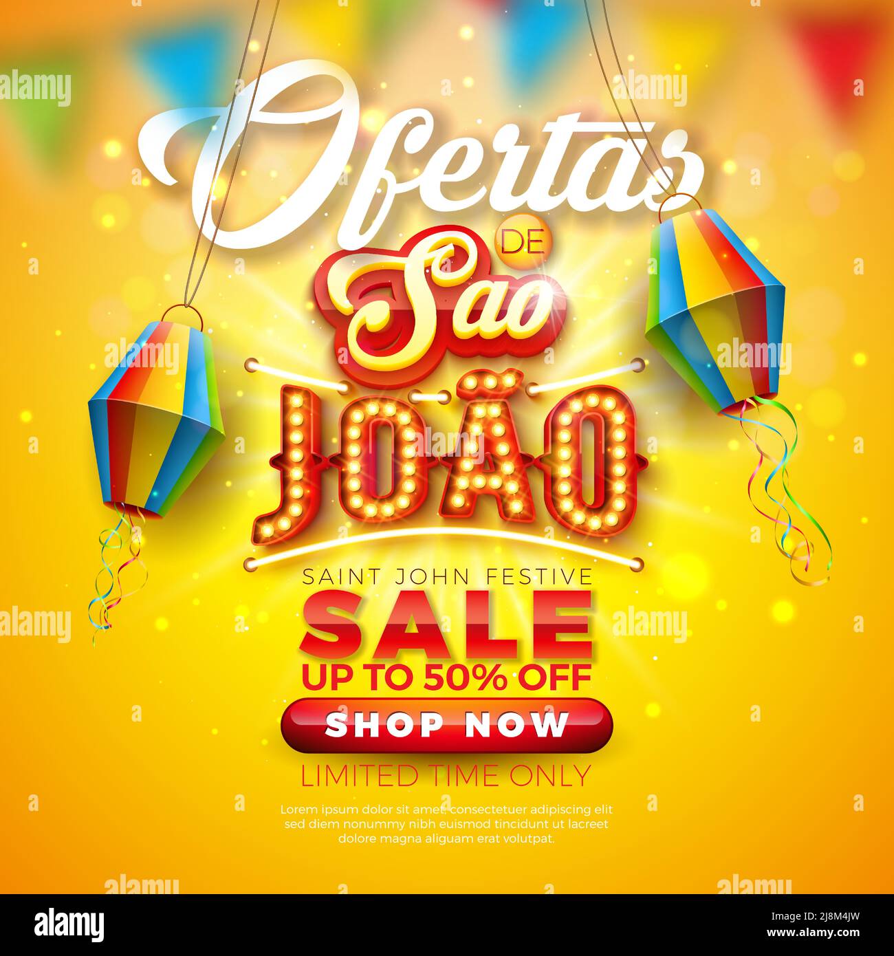 Festa Junina Vente Illustration commerciale promotionnelle avec lanterne en papier et panneau d'affichage à ampoule sur fond jaune. Offre spéciale Vector Illustration de Vecteur