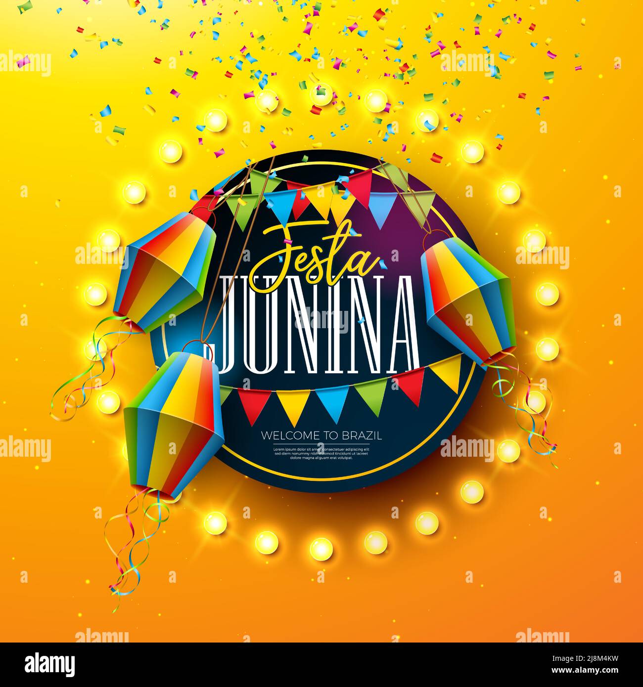 Festa Junina Illustration avec drapeaux de fête, lanterne en papier et panneau d'affichage à ampoule sur fond jaune. Vector Brésil juin Sao Joao Festival Design Illustration de Vecteur
