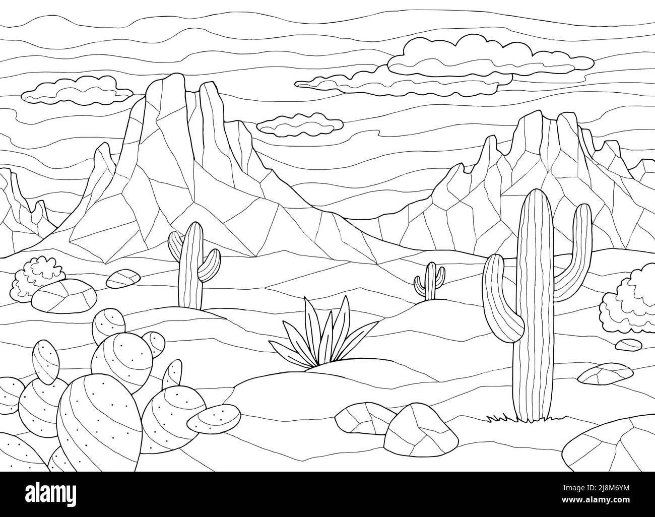 Prairie coloriage graphique noir blanc désert paysage esquisse illustration vecteur Illustration de Vecteur