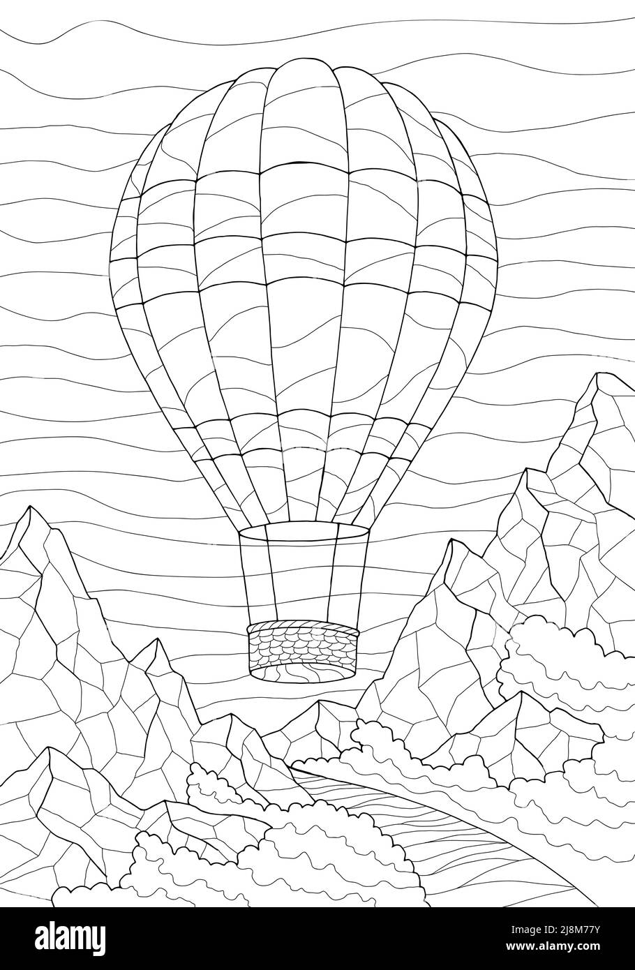 Air ballon coloring voyage montagne rivière graphique noir blanc paysage esquisse illustration vecteur Illustration de Vecteur