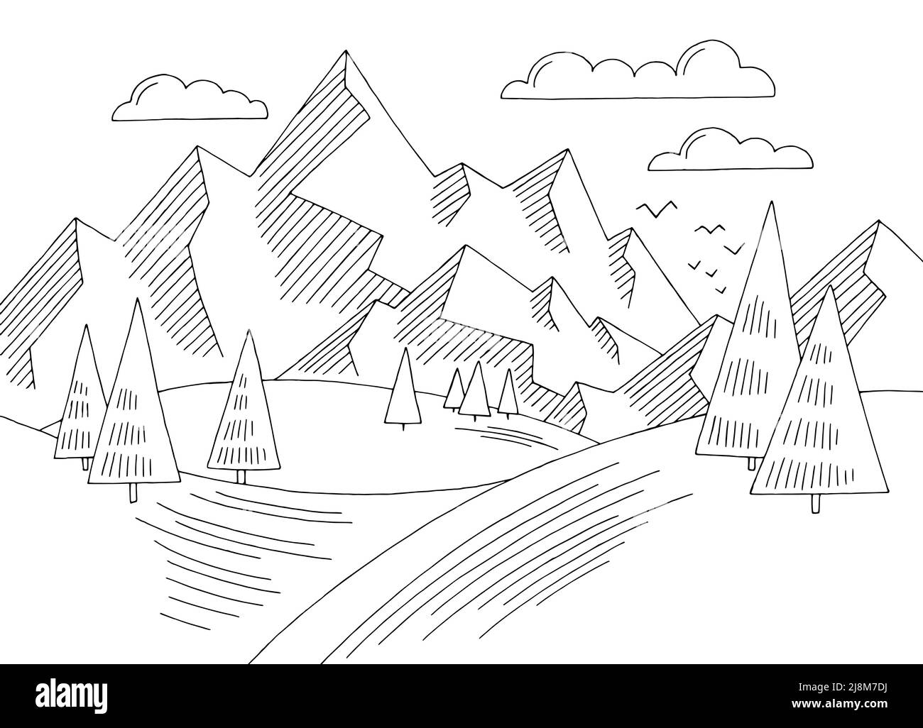 Mountain Hill simple graphique noir blanc paysage dessin illustration vecteur Illustration de Vecteur