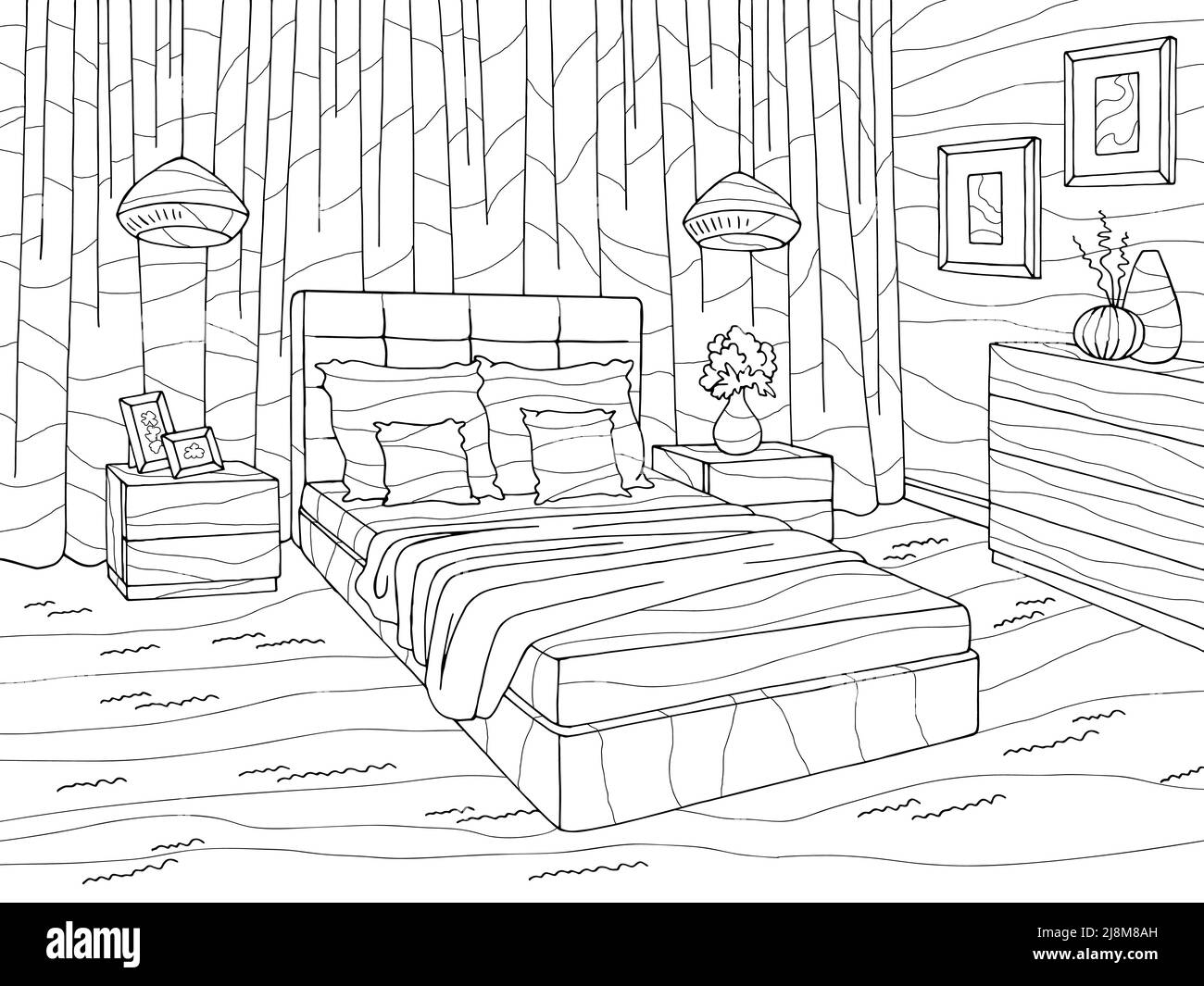 Chambre à coucher coloriage graphique noir blanc intérieur dessin  illustration vecteur Image Vectorielle Stock - Alamy