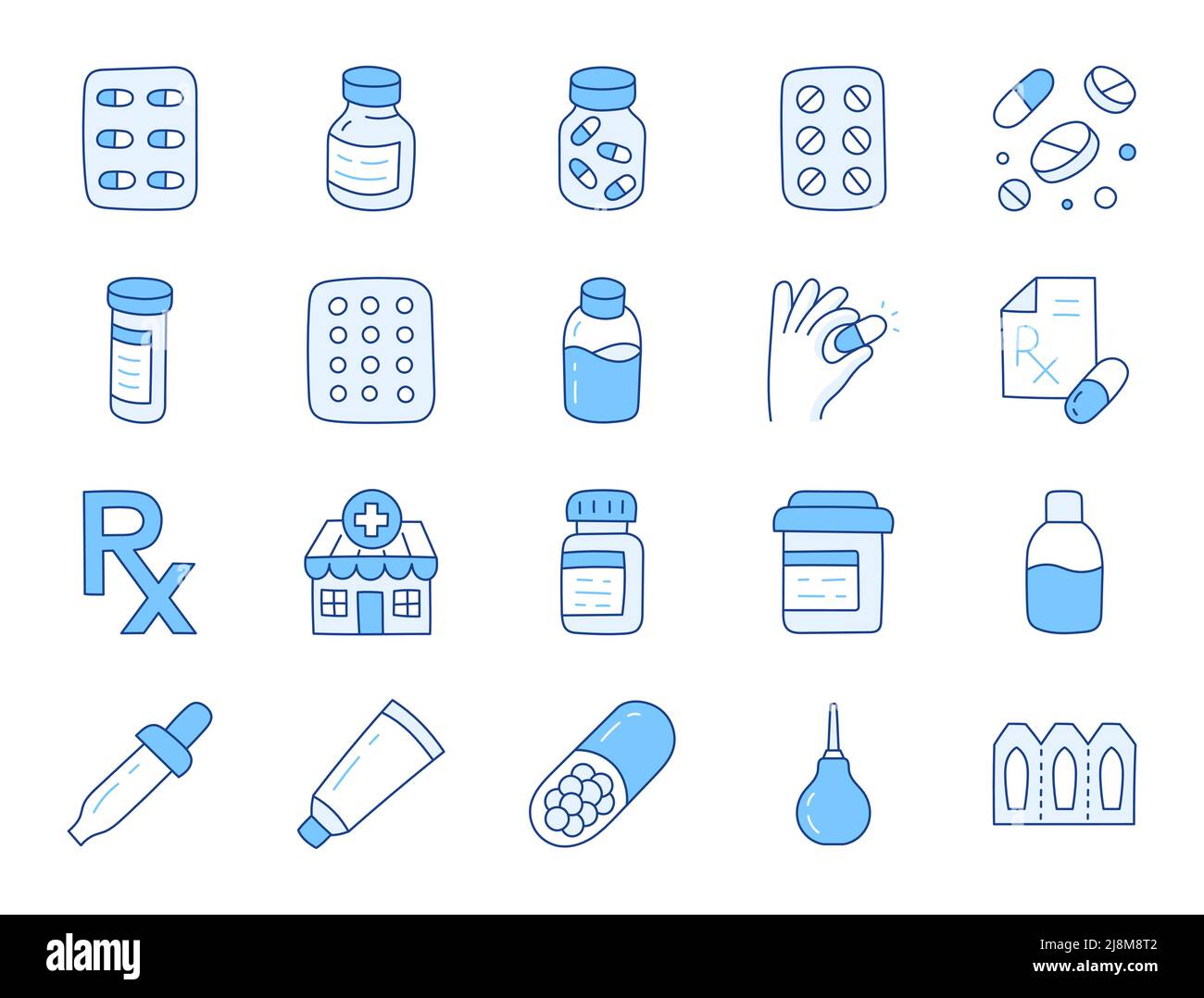 Illustration de doodle de pharmacie comprenant des icônes - comprimés flacon, capsules, pipette, comprimés blister, vitamine, contraceptifs et suppléments. Ligne fine Illustration de Vecteur