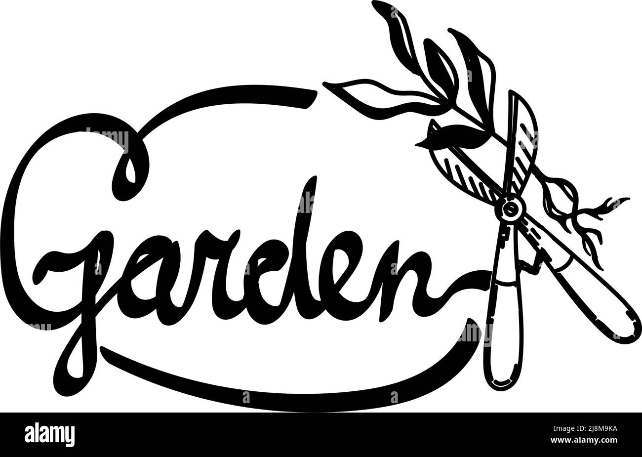 Logos pour le jardin ou la production d'engrais. Emblème de ligne simple, icône et logo en style vectoriel. Lettrage manuscrit. Ciseaux de jardin stylisés wi Illustration de Vecteur