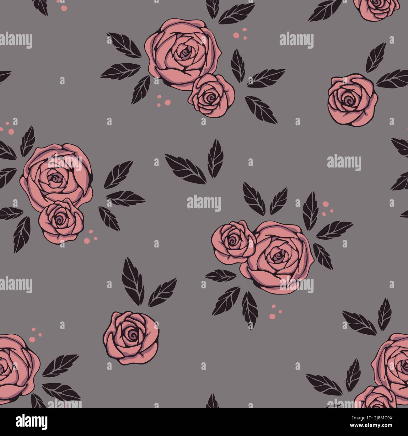 Motif vectoriel sans couture avec roses roses roses sur fond gris. Papier peint vintage simple à motif fleuri. Textile de mode romantique décoratif. Illustration de Vecteur