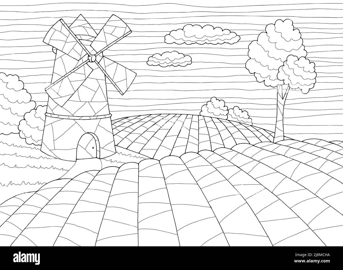 Champ coloriage winmill graphique noir blanc paysage dessin illustration vecteur Illustration de Vecteur
