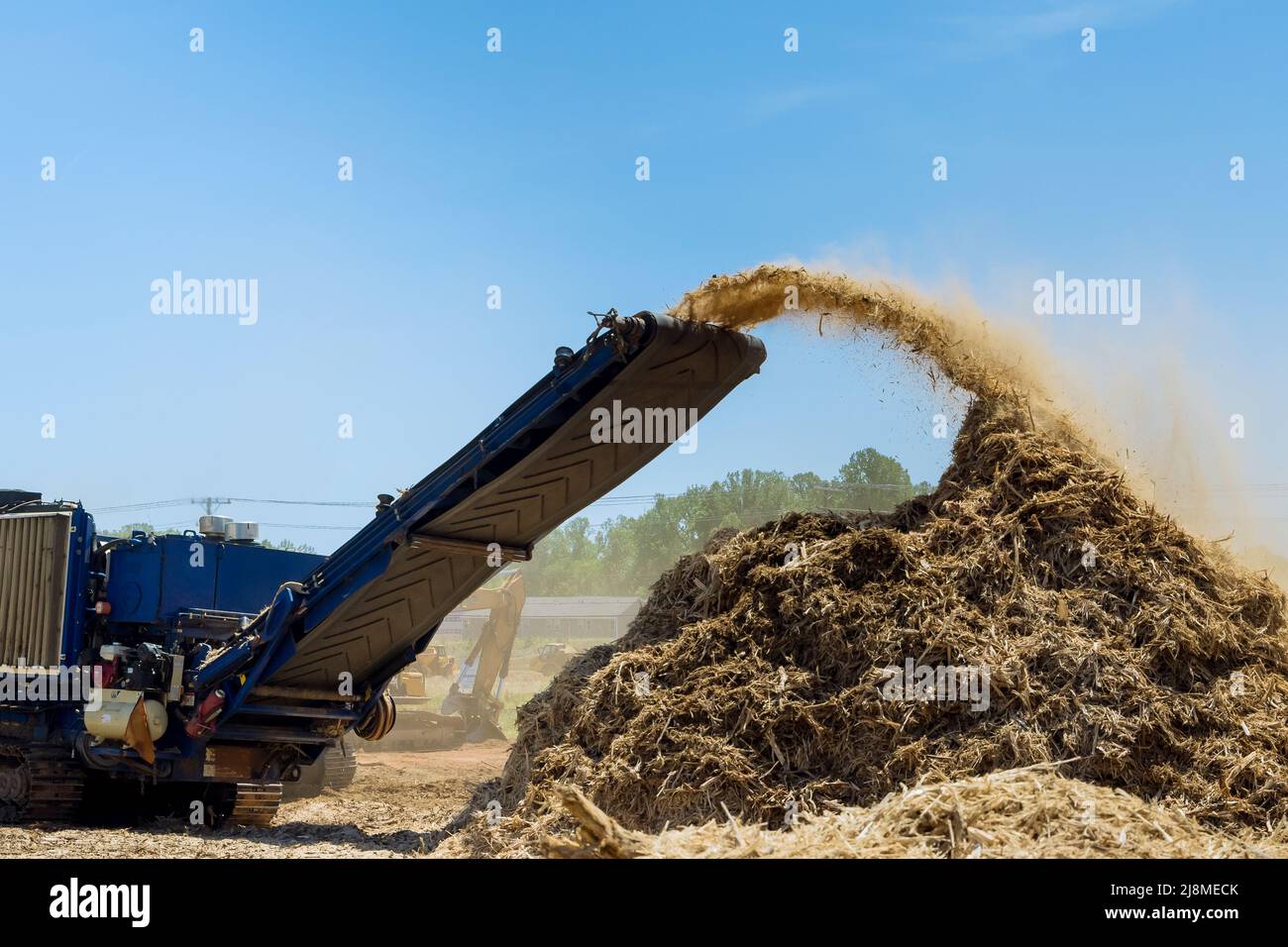 Déchiqueteuse industrielle un convoyeur de travail le déchiquetage des racines de la production de copeaux de bois Banque D'Images