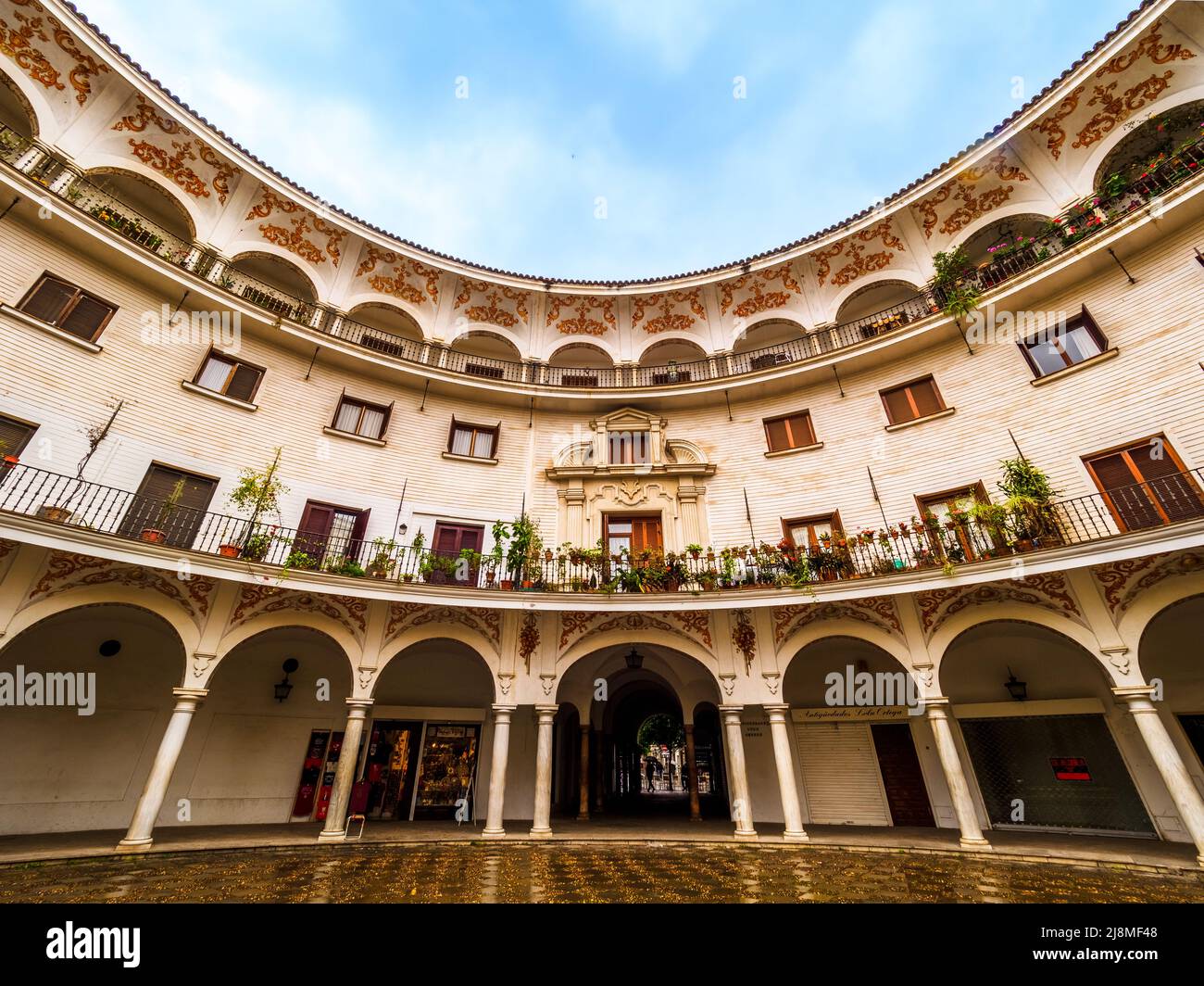 Plaza del Cabildo est l'œuvre de l'architecte Joaquín Barquín y Barón, et est disposé sur un plan d'étage semi-circulaire composé d'une série d'arcades, décorées en fresque par le peintre sévillien José Palomar, qui sont soutenus par des colonnes de marbre - Séville, Espagne Banque D'Images