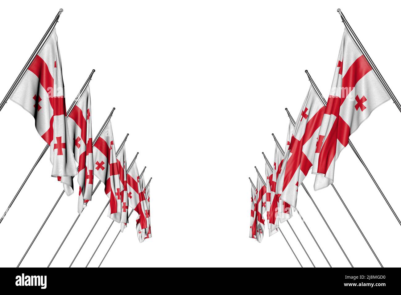 Mignon beaucoup de drapeaux de Géorgie pendent sur des poteaux diagonaux de gauche et de droite isolés sur blanc - toute illustration de drapeau de vacances 3D Banque D'Images