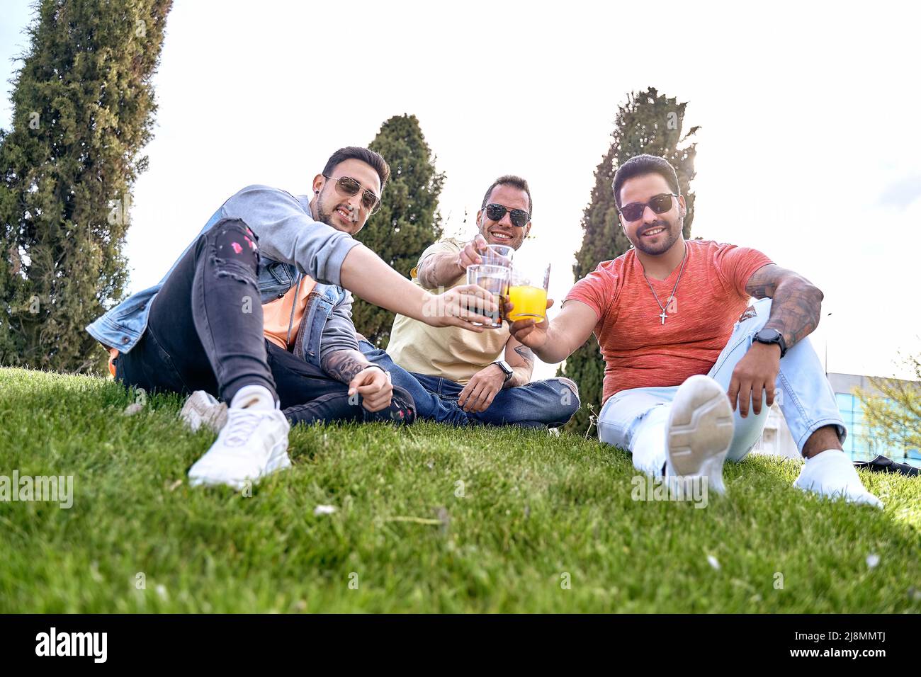 Trois amis assis sur l'herbe, prenant des boissons et de la grillage tout en regardant l'appareil photo un jour ensoleillé. Photo de haute qualité Banque D'Images
