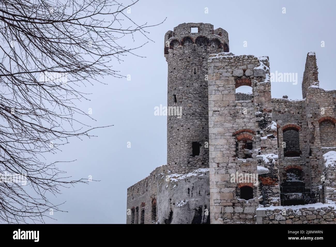 Tour du château d'Ogrodzieniec dans le village de Podzamcze, région d'Upland de Cracovie-Czestochowa, Pologne, 4K images Banque D'Images