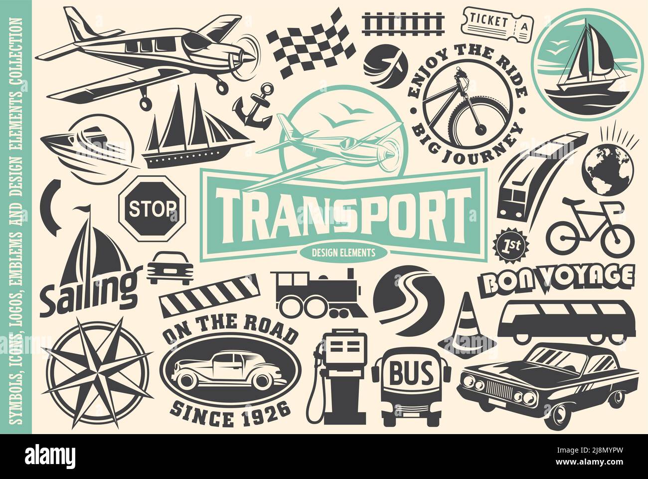 Ensemble d'icônes de transport, logos, symboles, emblèmes, signes et éléments de design. Objets et véhicules à vecteur de déplacement. Illustration de Vecteur