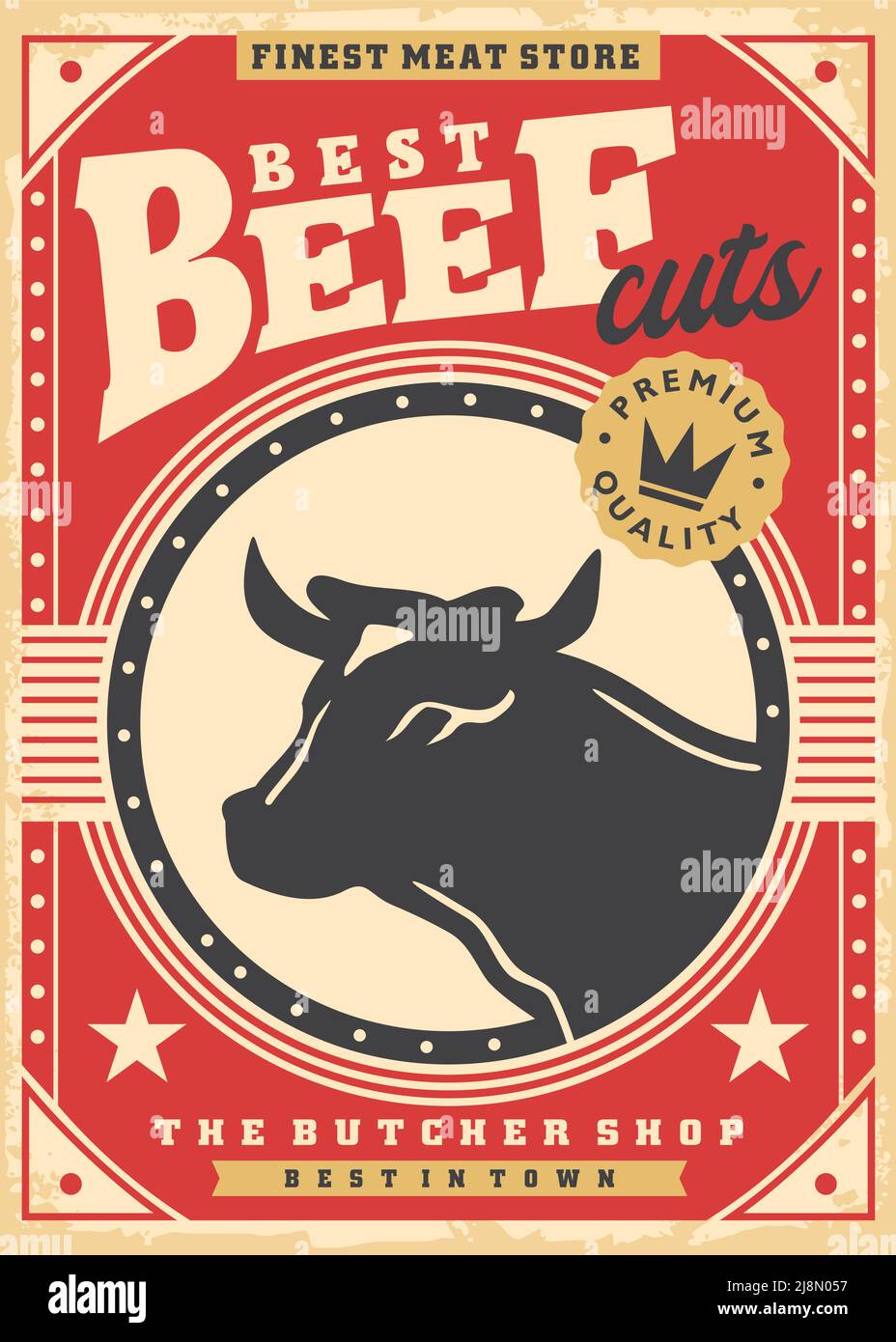 Meilleure coupe de viande de boeuf et de côtelettes promotion poster design avec taureau ou tête de vache silhouette. Publicité dans un magasin de boucherie. Brochure vecteur de l'industrie alimentaire. Illustration de Vecteur
