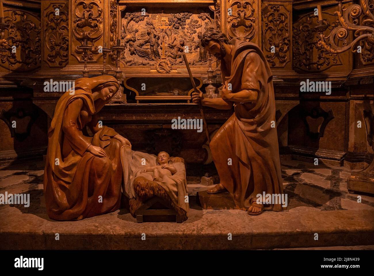 Scène de Nativité de Joseph et de mère Marie avec enfant Jésus statue à la Seu Banque D'Images