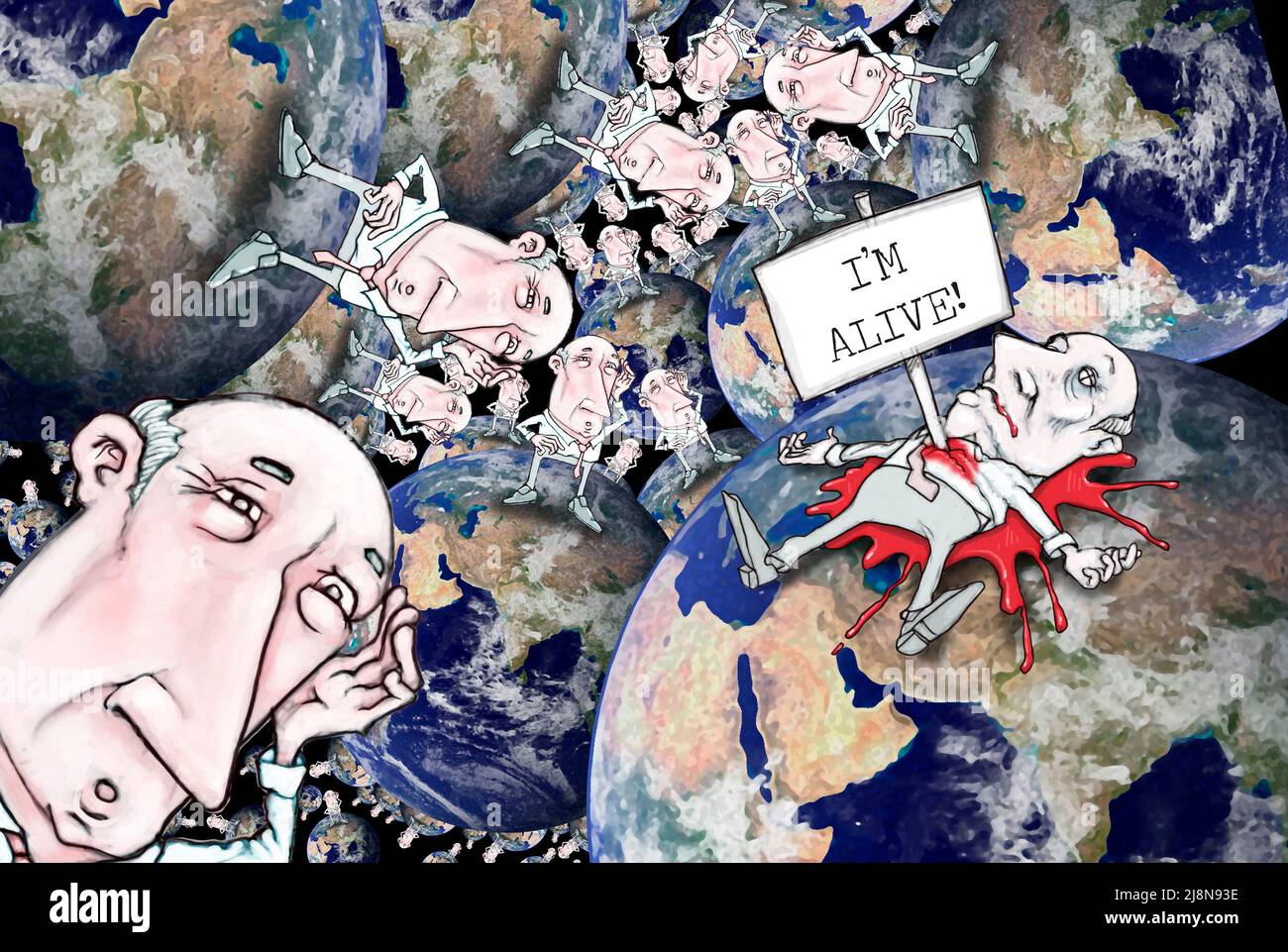 Art humoristique, même homme vivant sur plusieurs terres, mort dans un illustrant la théorie multiverse d'interprétation d'Everett /de nombreux mondes en physique quantique. Banque D'Images