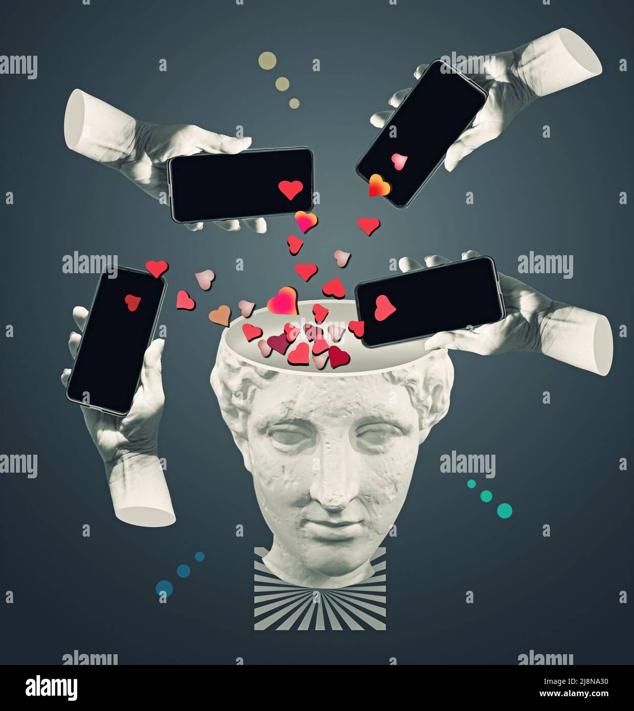 Gadget moderne et statue classique. Mains esthétiques sur fond lumineux, œuvres d'art. Concept de relation humaine, de communauté, de proximité, de symbolisme, de surréalisme. Aime le symbole d'approbation dans le téléphone Banque D'Images