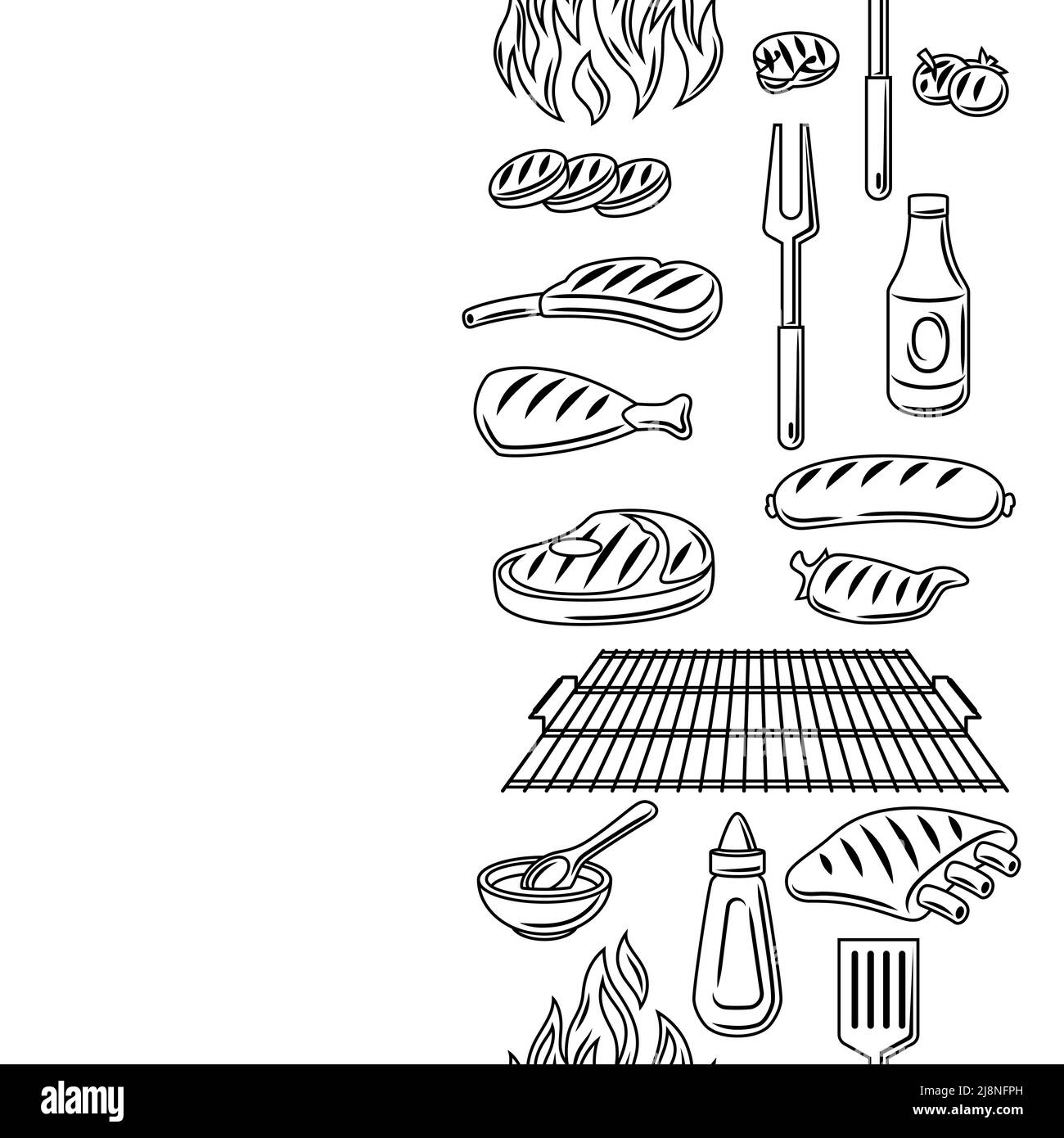 Motif barbecue sans couture avec objets et icônes. Cuisine stylisée et menu du restaurant. Illustration de Vecteur