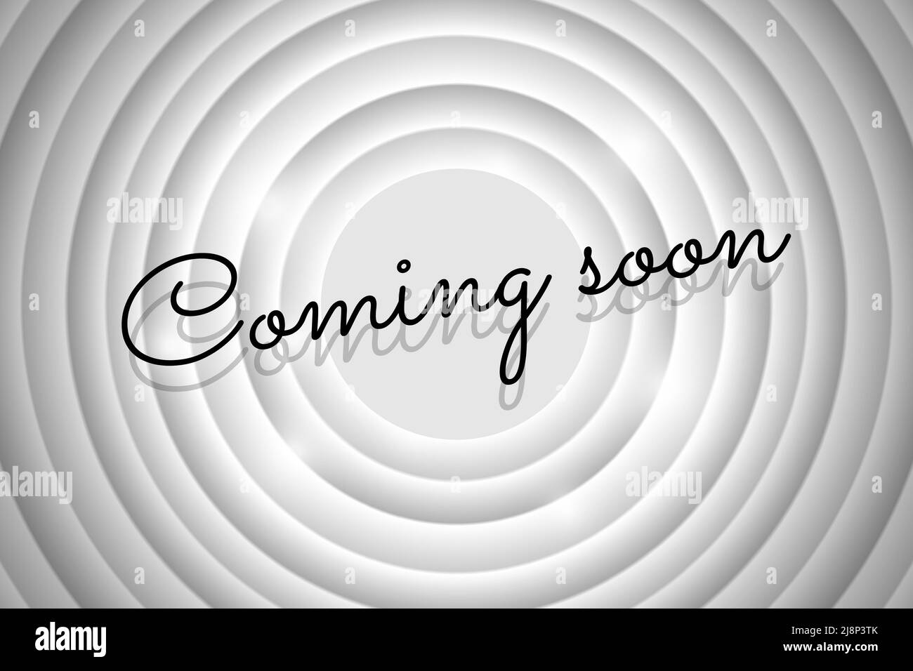 Texte publicitaire sur écran rétro de cinéma à cercle blanc bientôt disponible. Titre noir sur l'arrière-plan de l'ancien film. Affiche de message promotionnel noir. Illustration du vecteur eps Illustration de Vecteur