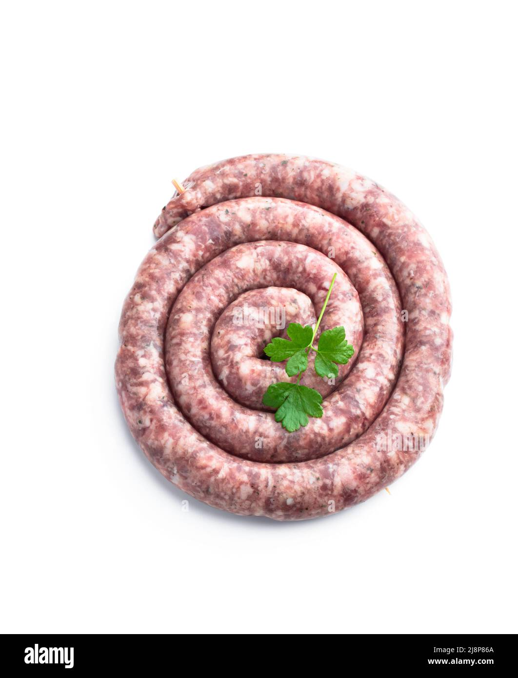 Fines saucisses de porc isolées sur fond blanc Banque D'Images