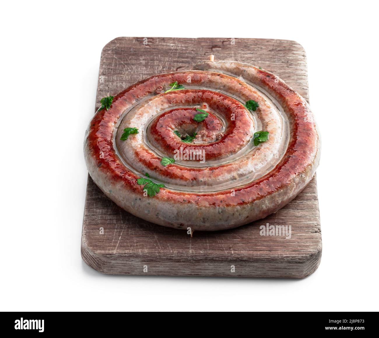 Saucisses de porc fines rôtis isolées sur fond blanc Banque D'Images