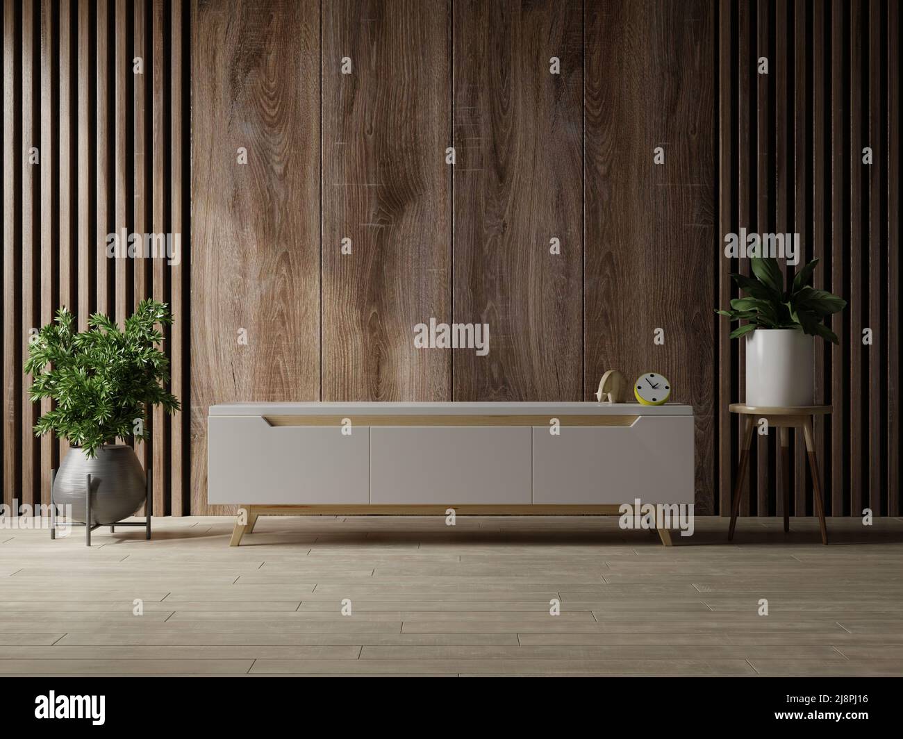 Armoire pour TV LED dans un salon moderne sur fond de mur en bois.3D rendu Banque D'Images