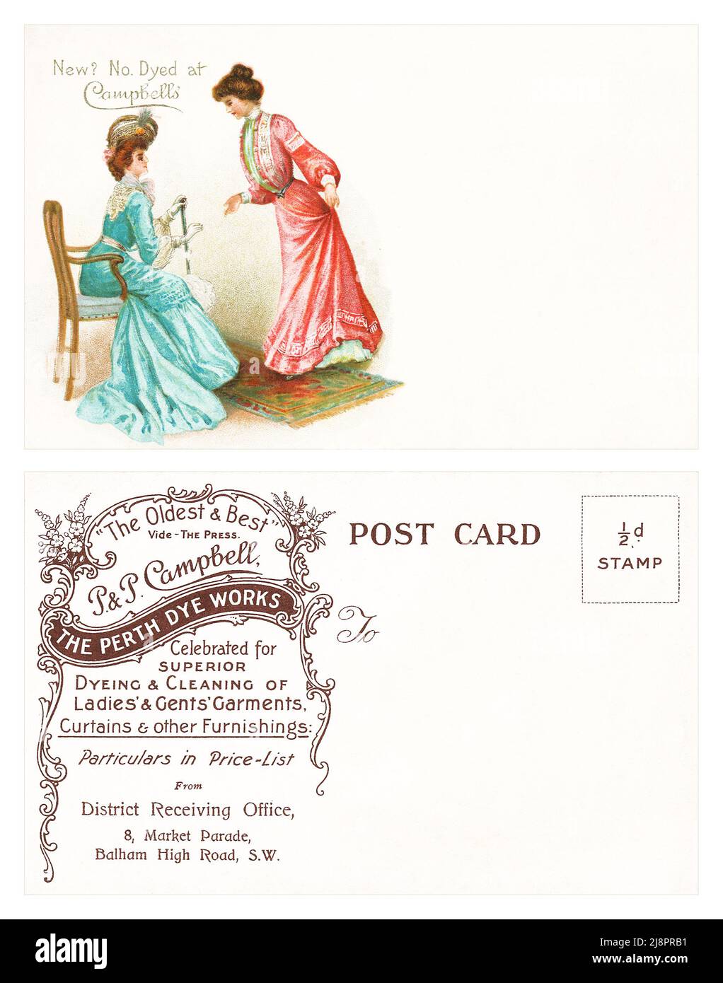 Recto et verso d'une carte postale publicitaire pour P. & P. Campbell's Perth Dye Works. Banque D'Images