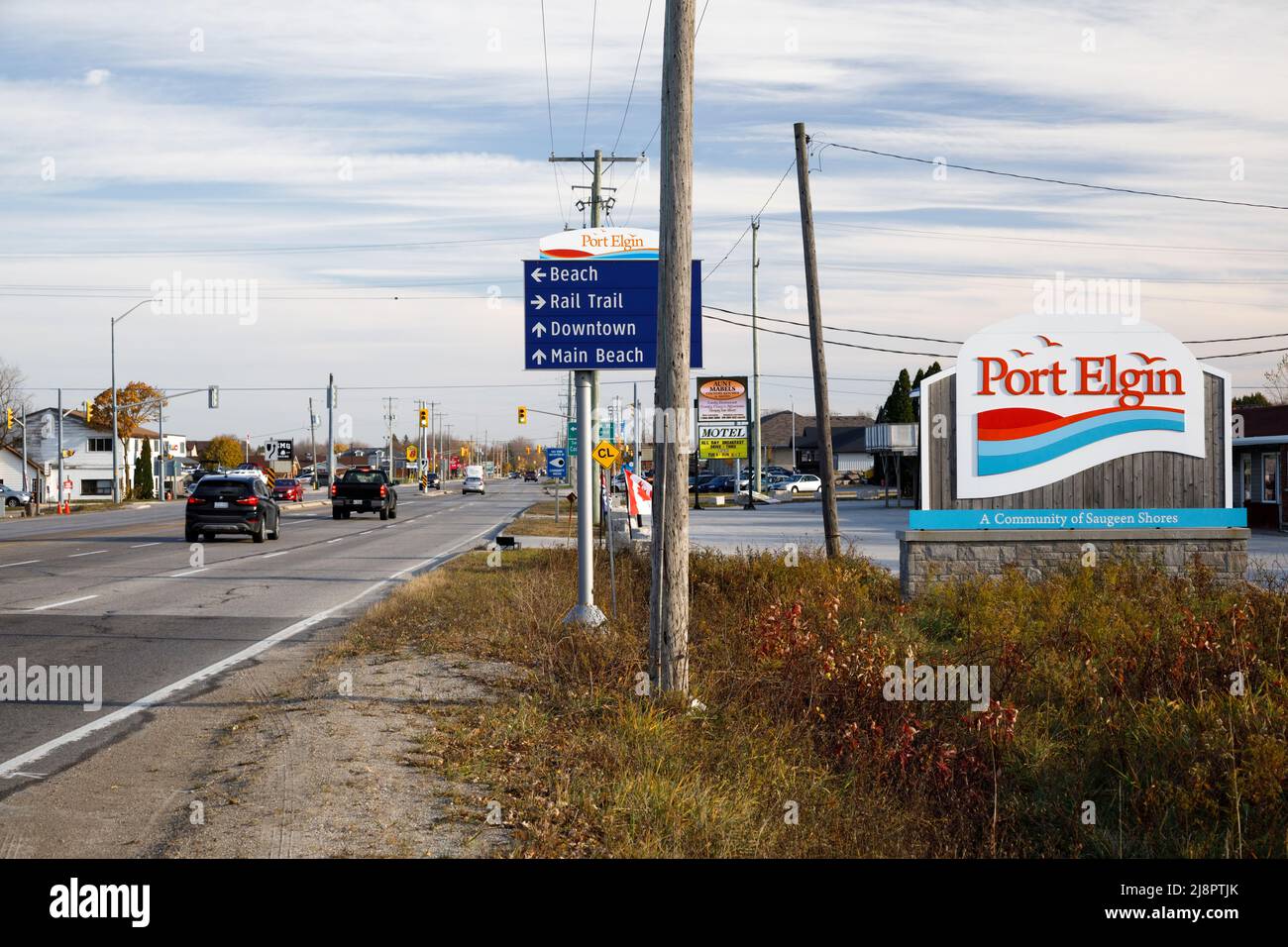 Le panneau d'entrée de la communauté de Port Elgin à Saugeen Shores, comté de Bruce, Ontario, Canada. Banque D'Images