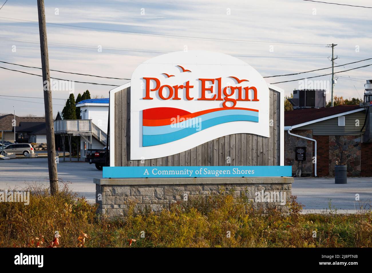 Le panneau d'entrée de la communauté de Port Elgin à Saugeen Shores, comté de Bruce, Ontario, Canada. Banque D'Images