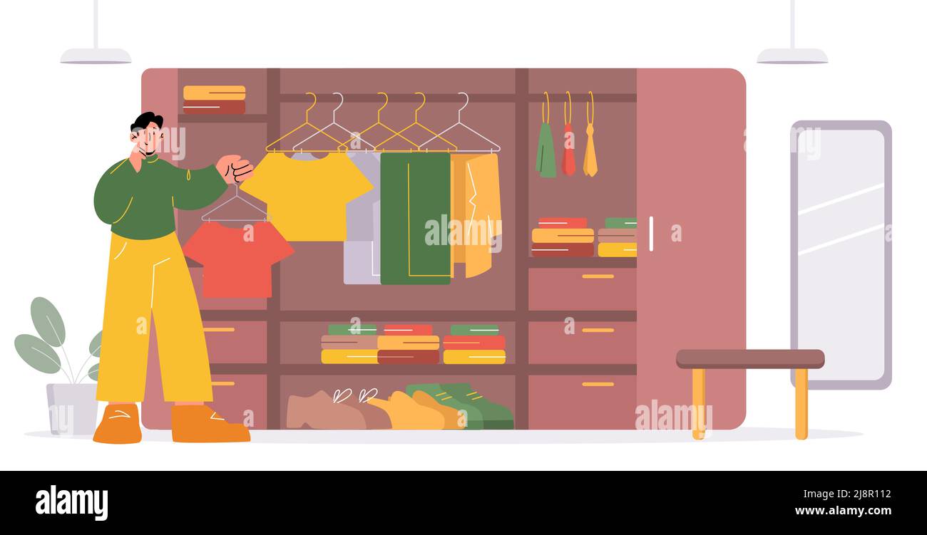 Homme choisit un t-shirt dans une garde-robe. Illustration vectorielle à plat d'un vestiaire avec vêtements, attaches et chaussures pour hommes dans une armoire, des cintres et un miroir. Personne dans Illustration de Vecteur