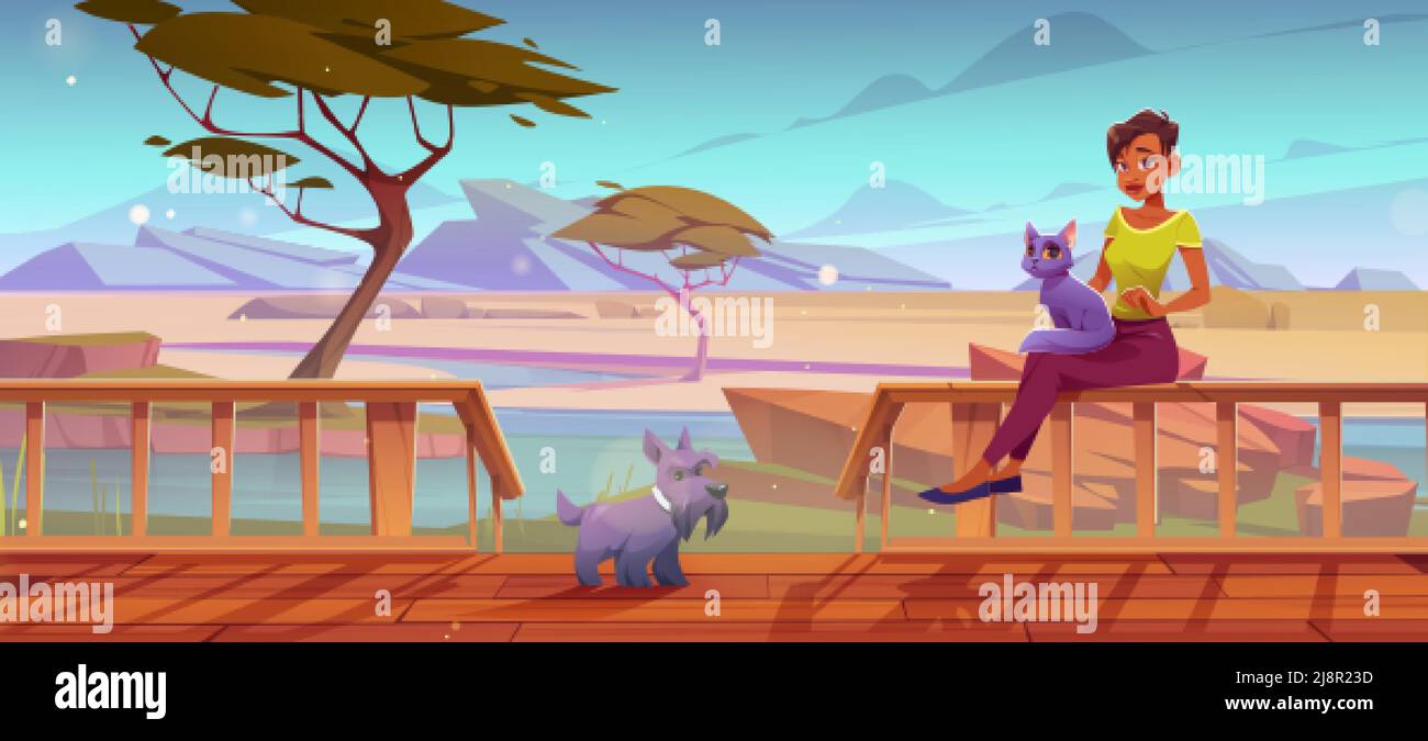 Paysage de Savannah avec terrasse en bois et femme avec animaux de compagnie. Illustration vectorielle de l'oasis dans le désert africain avec des acacia, rivière et fille s Illustration de Vecteur