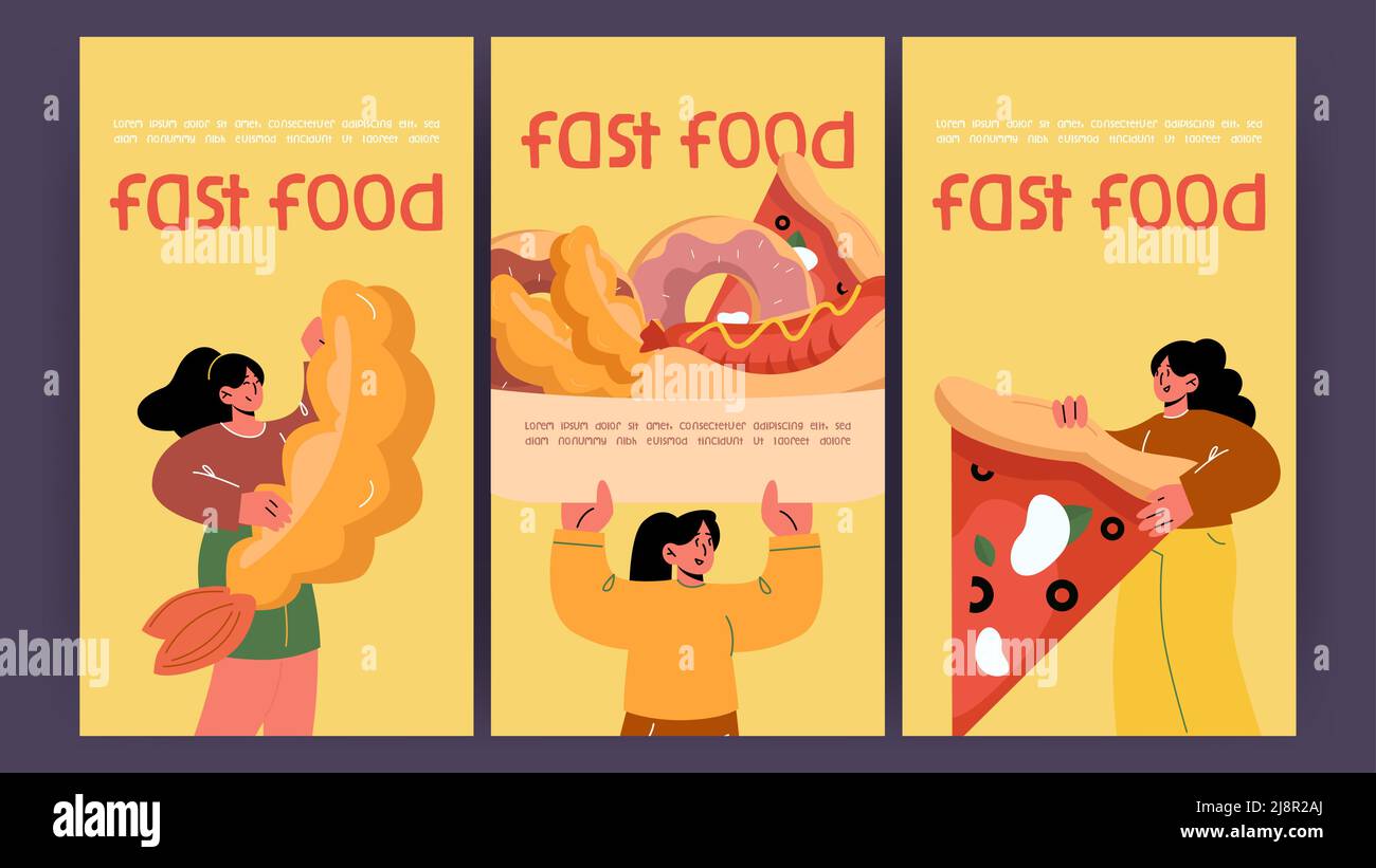 Affiches de restauration rapide avec une fille tenant un grand hot dog, une pizza, des beignets et des crevettes tempura. Bannières vectorielles de fastfood restaurant ou café avec plat illus Illustration de Vecteur