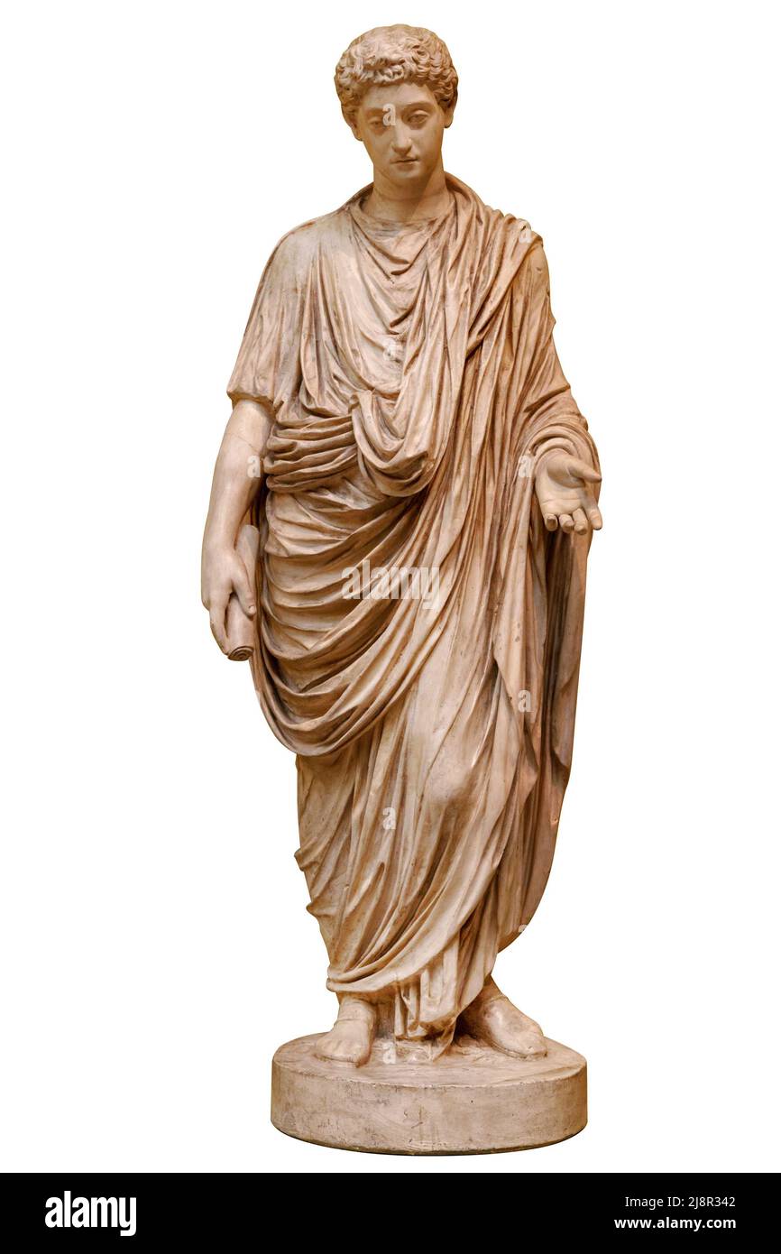 Statue du jeune empereur romain Commodus isolée sur fond blanc. Le règne de Lucius Aurelius Commodus est généralement considéré comme marquant la fin du Banque D'Images