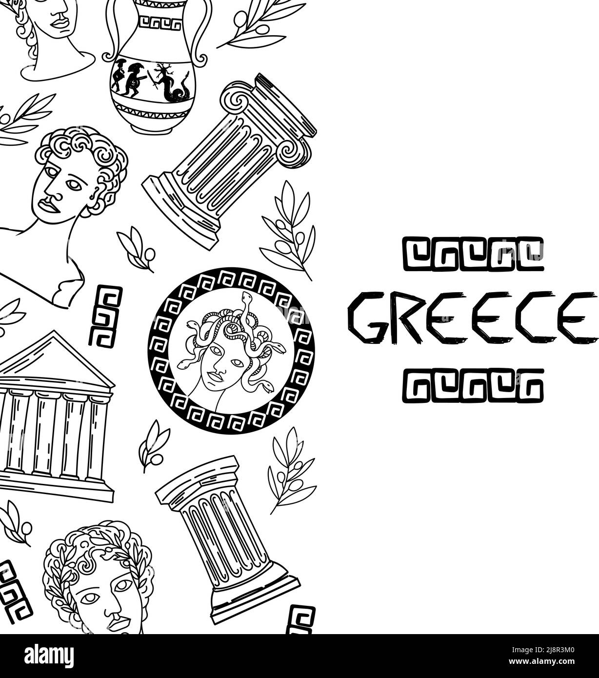 Modèle avec des éléments anciens de la Grèce antique, dessin à la main de la Doodle style esquisse. Gorgon Medusa. Vase avec un feat, couronne de Laurier, branche d'olive, col Illustration de Vecteur