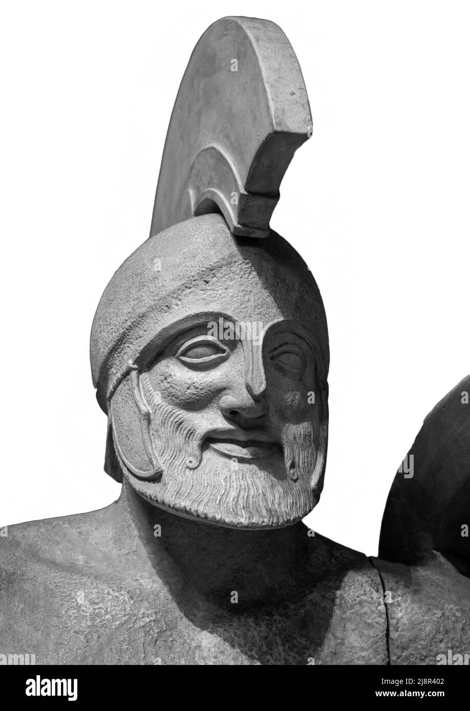 Tête dans casque grec ancienne sculpture de guerrier. Isolé sur fond blanc Banque D'Images