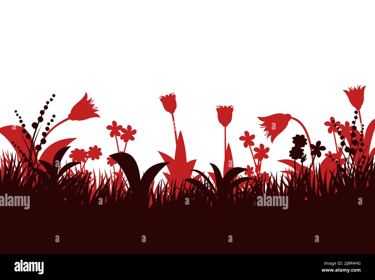 Floraison des prairies d'été. Herbe dense et fleurs sauvages. Paysage rural. Style de dessin animé amusant. Isolé sur fond blanc. Vecteur. Illustration de Vecteur
